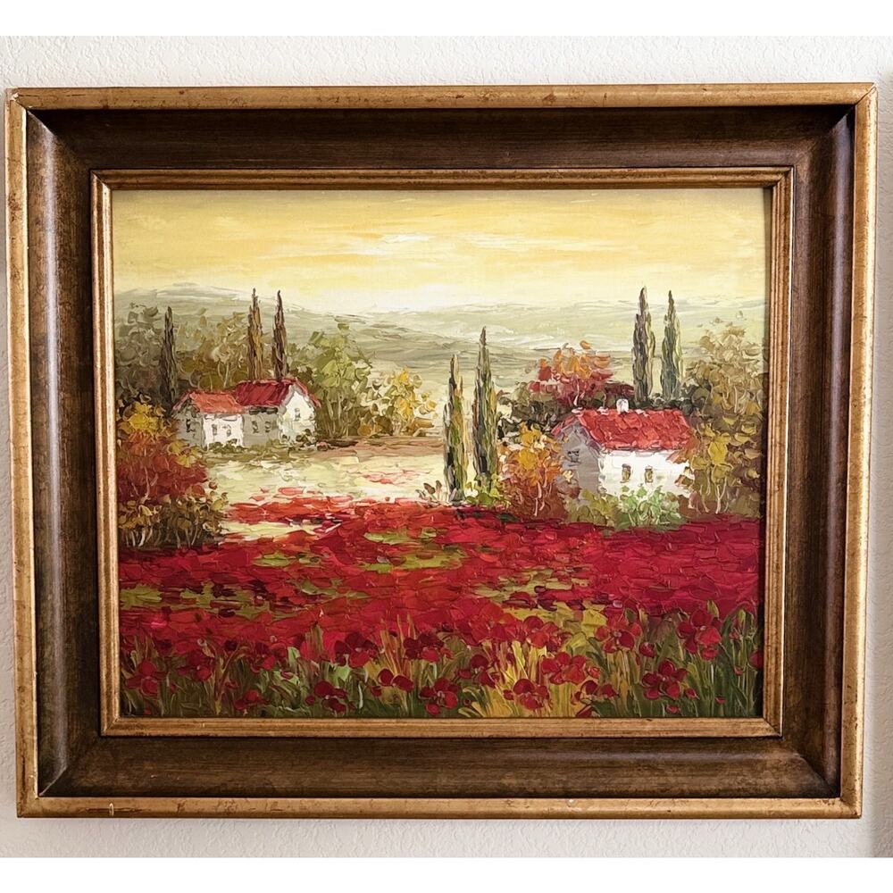 Framed Original Oil on Canvas Painting Tuscany Landscape with Red Poppies